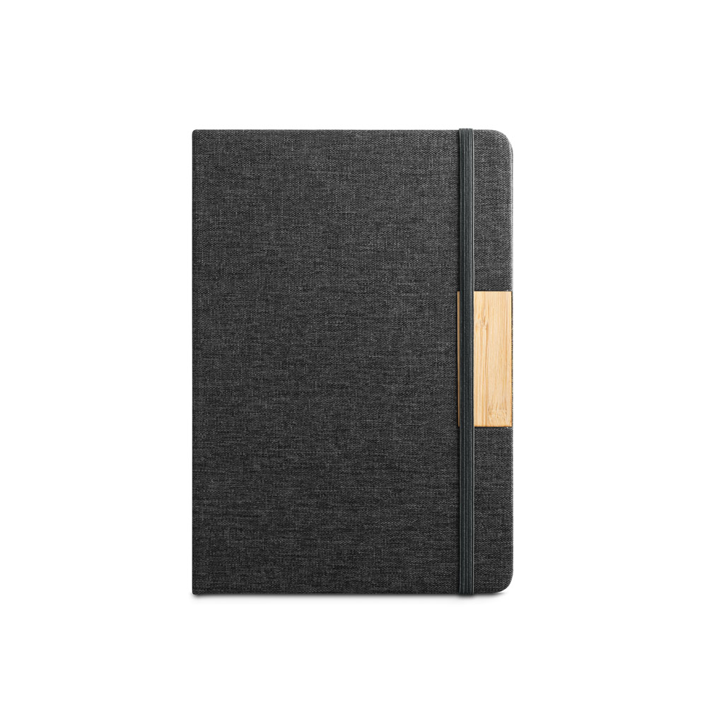 MÁRQUEZ. A5-notitieboekje met een harde kaft van 100% gerecycled PET-materiaal en gelinieerde pagina's van gerecycled papier bedrukken met logo