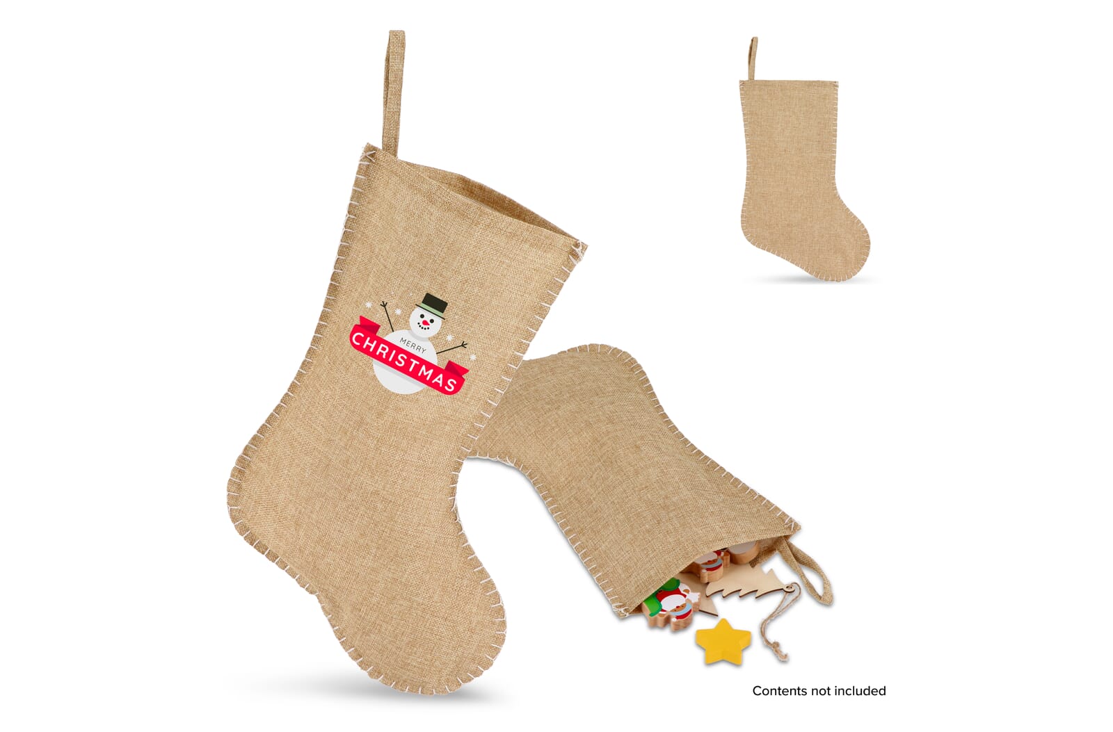 Jute-stijl kerstsok met decoratieve stiksels 45cm bedrukken met logo