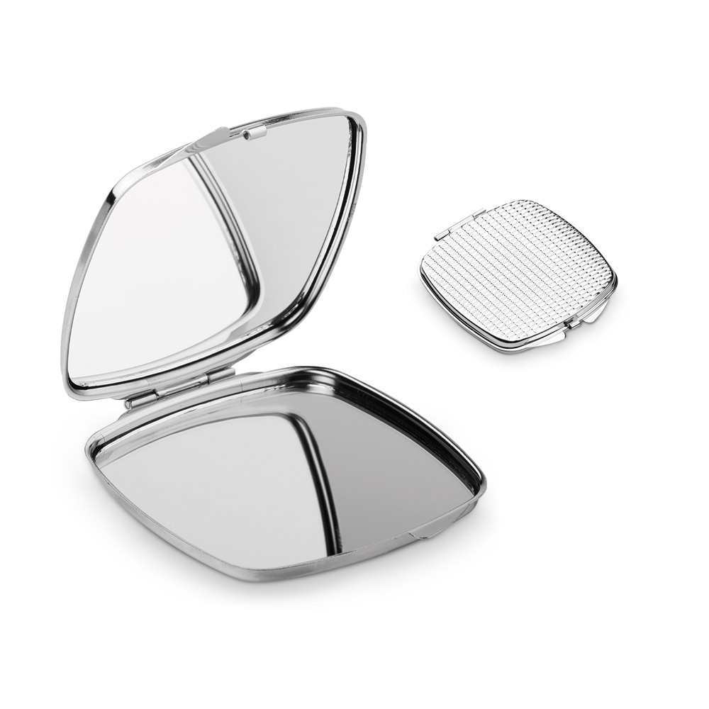 SHIMMER. Dubbele metalen handtas spiegel bedrukken met logo