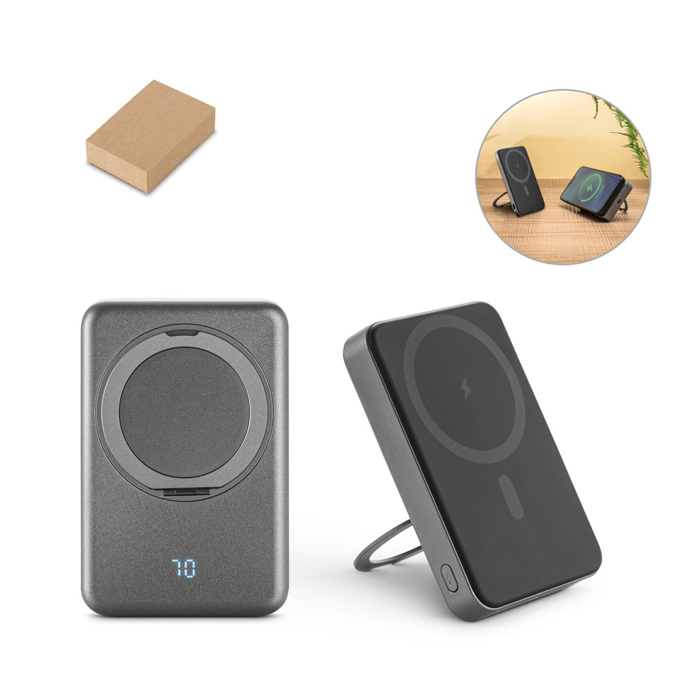 WARSHEL 10. 10'000 mAh magnetische powerbank met 15W supersnelle draadloze oplader in gerecycled ABS (100% rABS) met standvoet bedrukken met logo