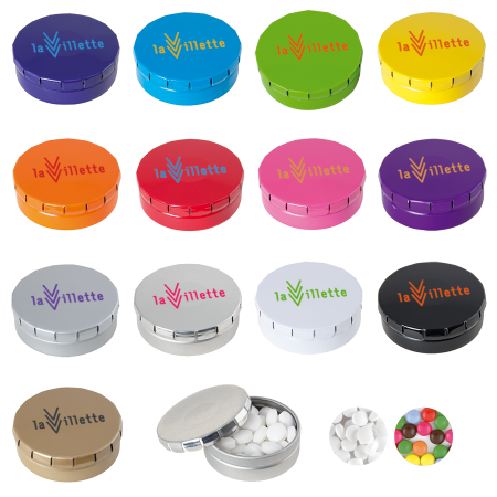 Rond click clack blik 45 mm met ca. 12 gr. mintjes TAMPONPRINT bedrukken met logo