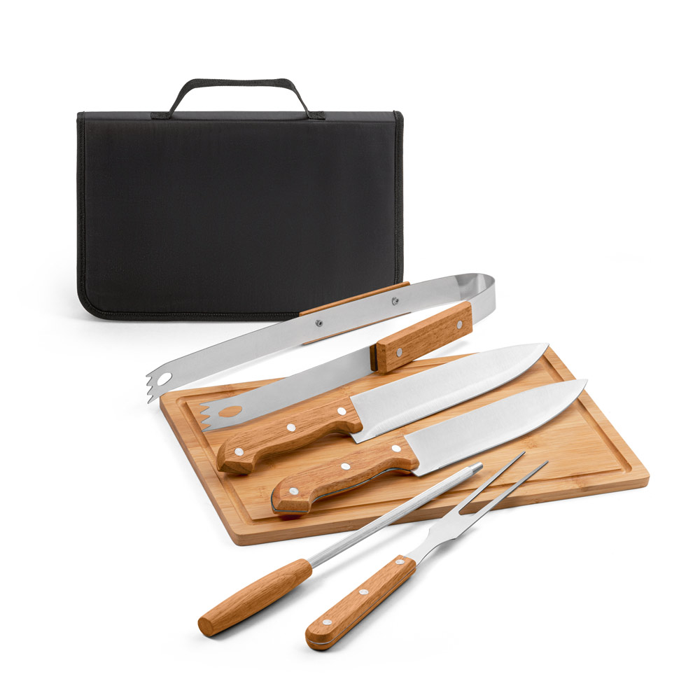 FLARE. 5-delige barbecue tool set van hout en vroestvrij staal bedrukken met logo