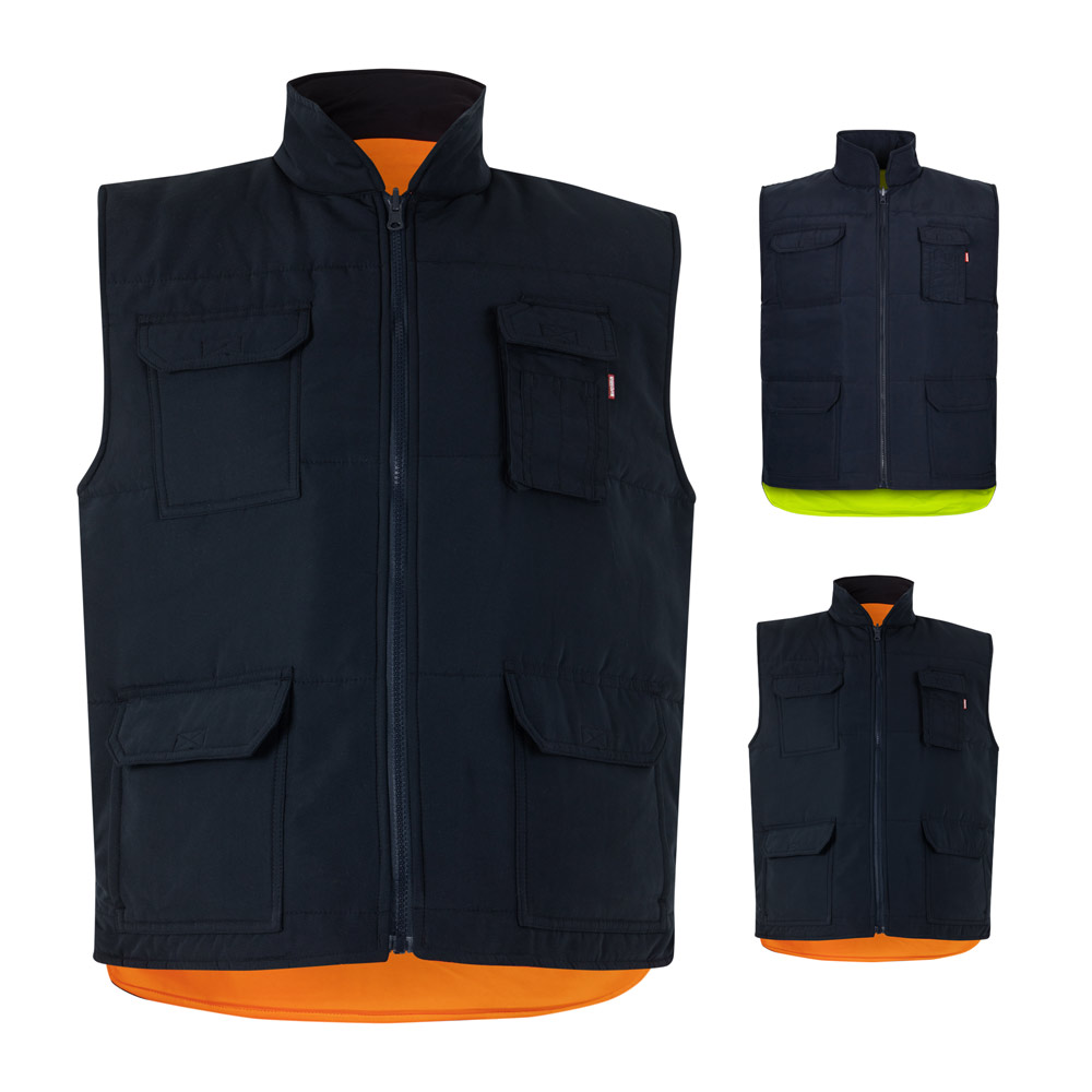 VL DIANA. Gewatteerd vest (220g/m²), omkeerbaar en met meerdere zakken, van polyester (100%), met ritssluiting en omkeerbare trekker bedrukken met logo