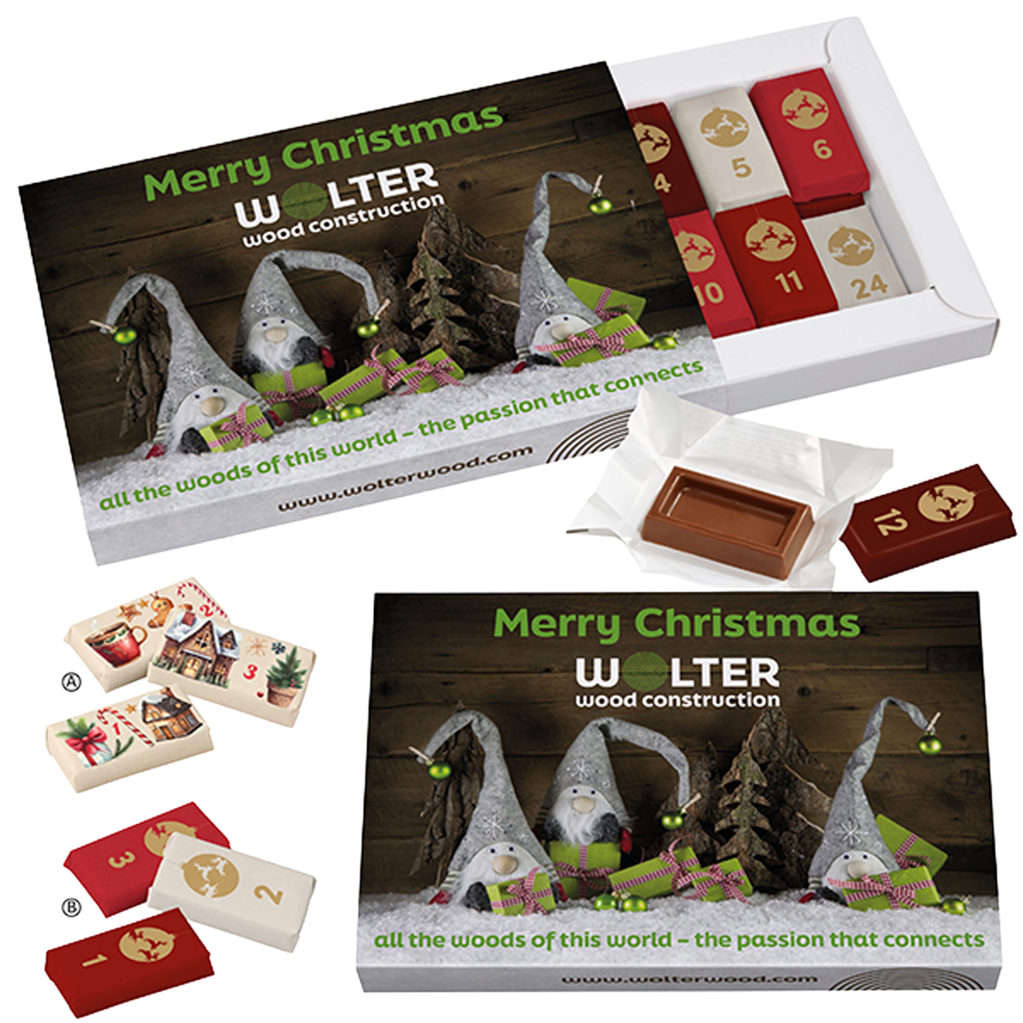 Adventdoosje met 24 genummerde chocolaatjes bedrukken met logo
