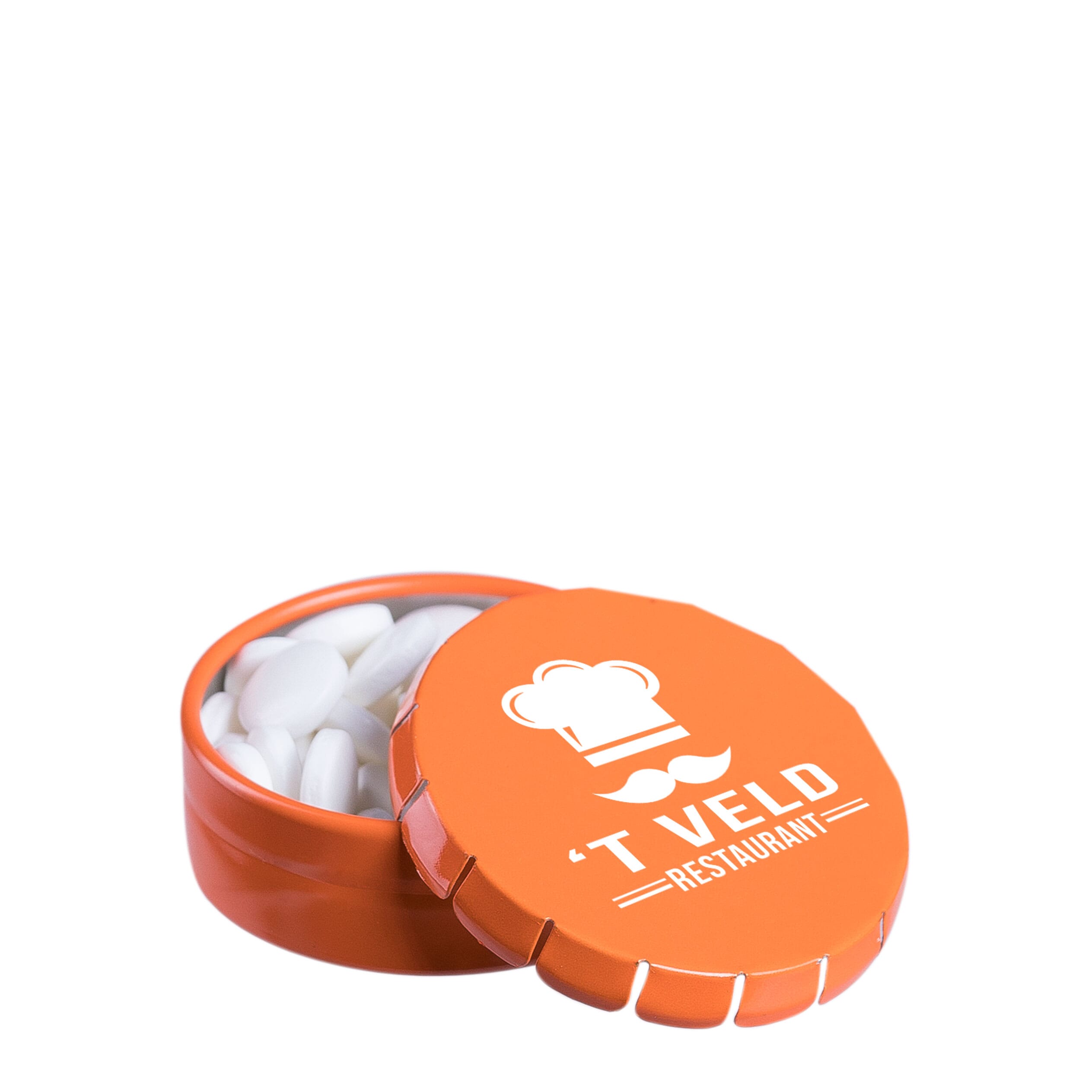 Super mini clic-clac blikje gevuld met pepermunt bedrukken met logo