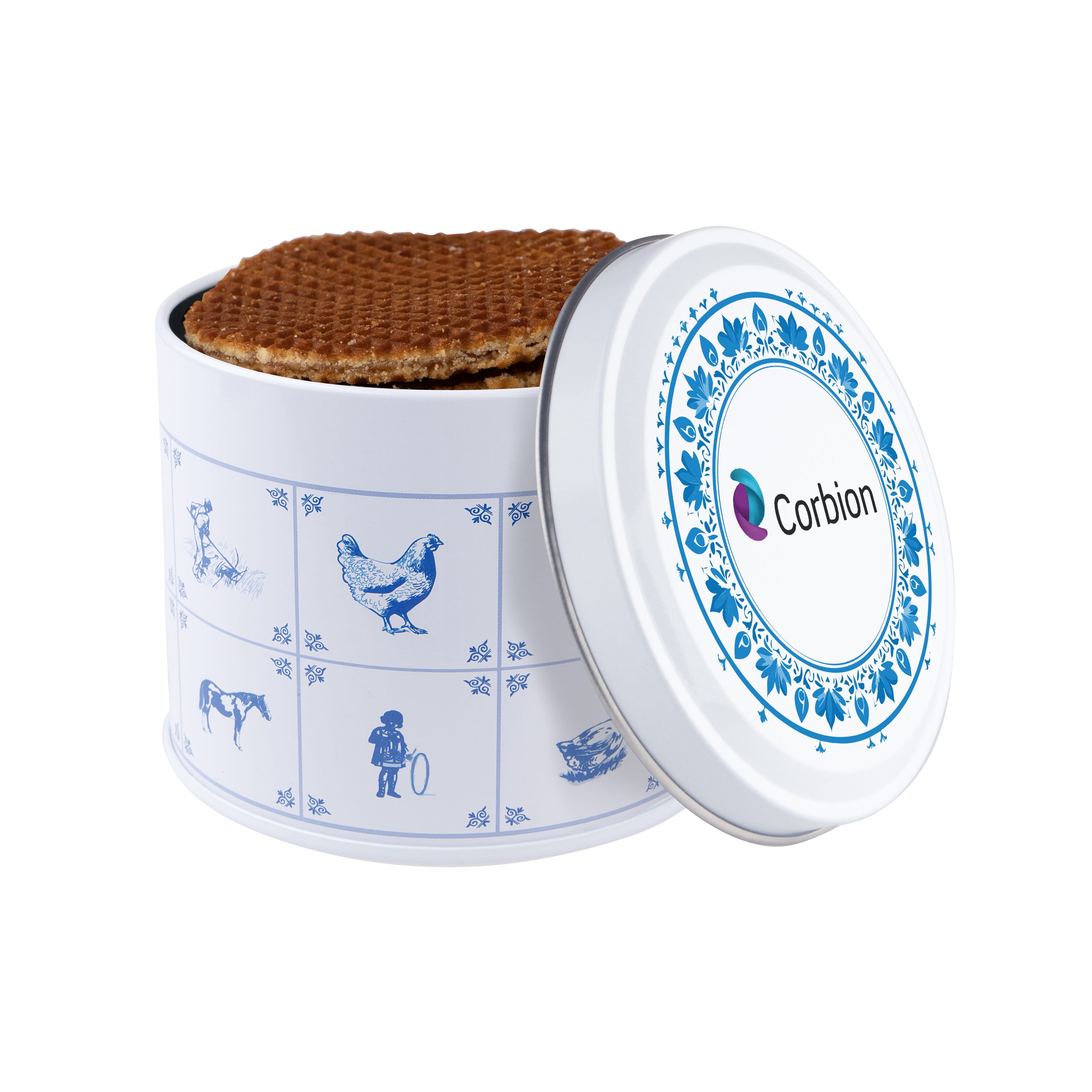Delftsblauw blik met stroopwafels bedrukken met logo