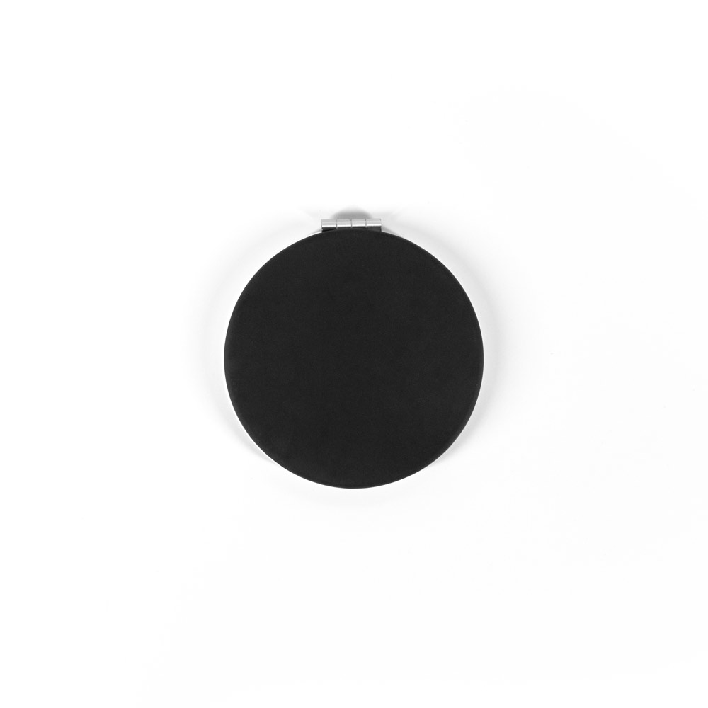 FREYA. Dubbelzijdige ronde spiegel met matte PU-buitenkant bedrukken met logo