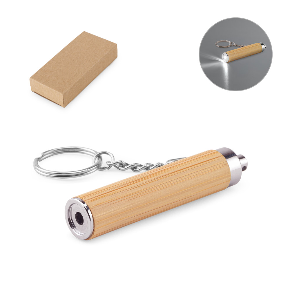 RACHEL. Bamboo and ABS key ring with LED torch bedrukken met logo