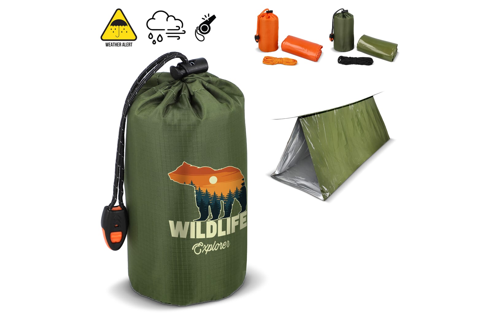 Compacte noodtent voor overleven in de buitenlucht bedrukken met logo