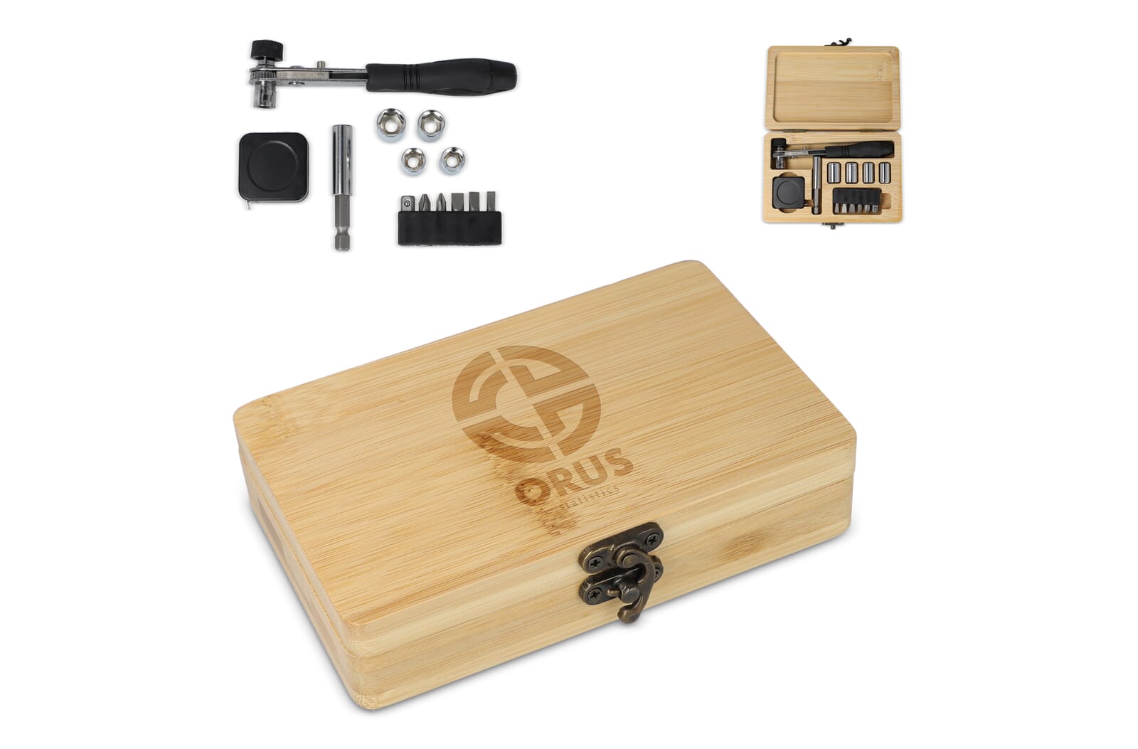 13-delige gereedschapsset in FSC bamboe doos bedrukken met logo