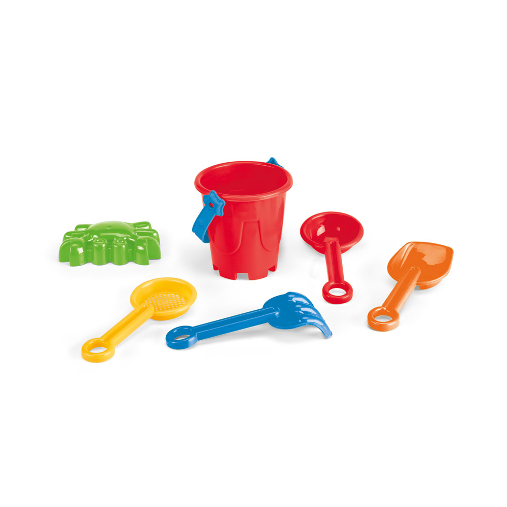 VALLARTA. PP strandemmer met 5 accessoires: 3 scheppen, 1 hark, 1 vis of 1 krab bedrukken met logo