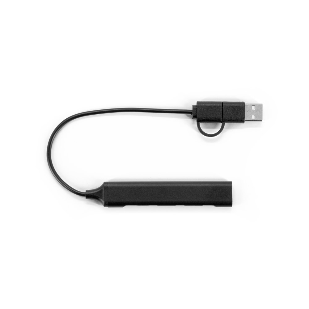 BENIOFF. Een multifunctionele hub die de connectiviteit van je apparaat uitbreidt, gemaakt van gerecycled PET (xxx% rPET) en gerecycled aluminium (xxx% rAL) bedrukken met logo