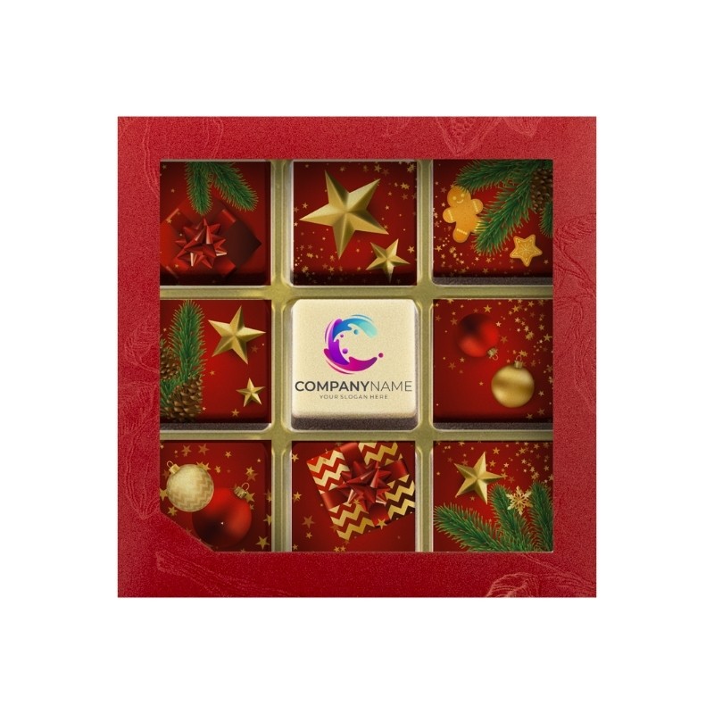 ChocoGiftbox 9 - Kerst Seizoen + logo(99 gram)
 bedrukken met logo