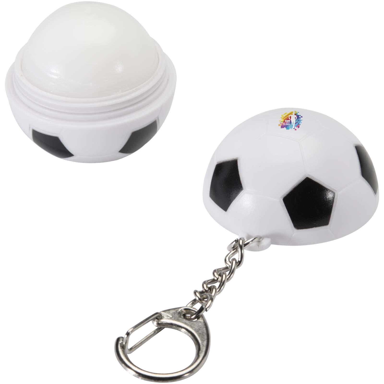 Rami voetbalvormige vanille lipbalsem met SPF 15 en sleutelhanger bedrukken met logo