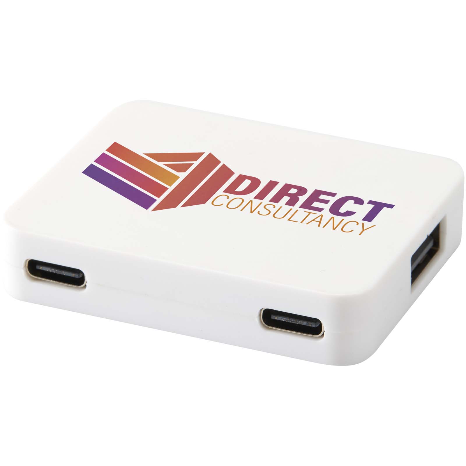 Gaia 4 poorts USB hub met uitgangen voor USB-A en Type-C en dubbele ingang van gerecycled plastic bedrukken met logo