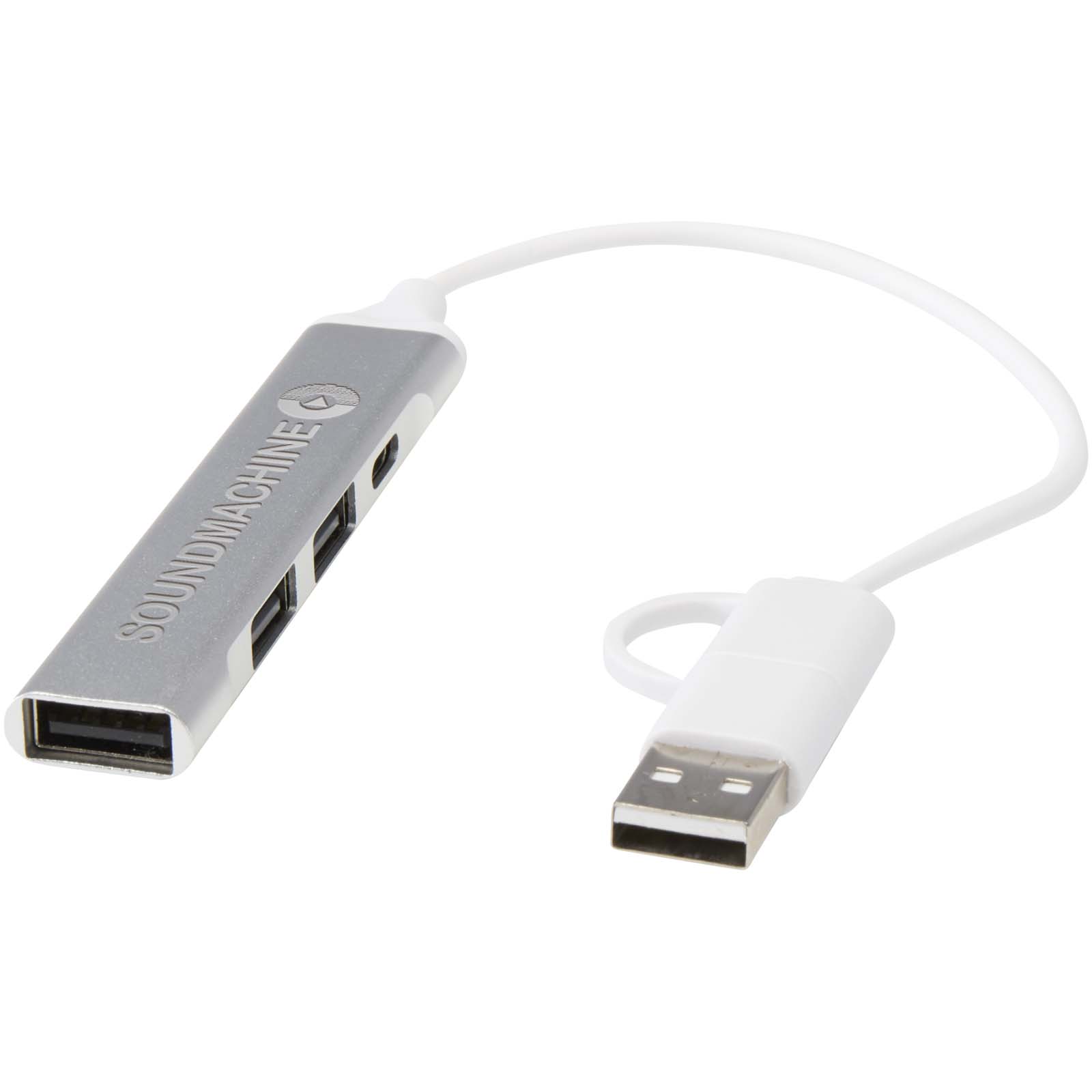 Alkaid 4 poorts USB-A en Type-C hub van gerecycled aluminium met dubbele ingang bedrukken met logo
