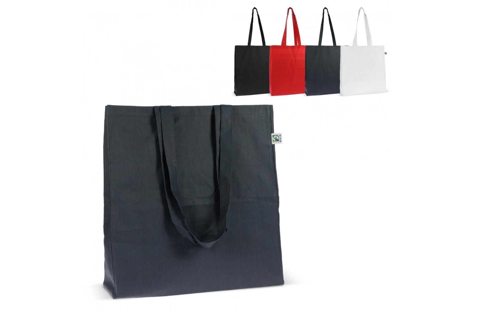 Fairtrade katoenen tas gekleurd lang 140g/m² 38x10x42cm bedrukken met logo