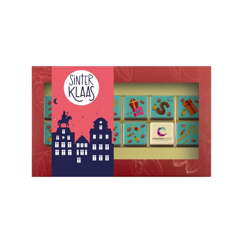 ChocoGiftbox 12 LogoBlokjes - Sint Seizoen + logo(132 gram)
 bedrukken met logo