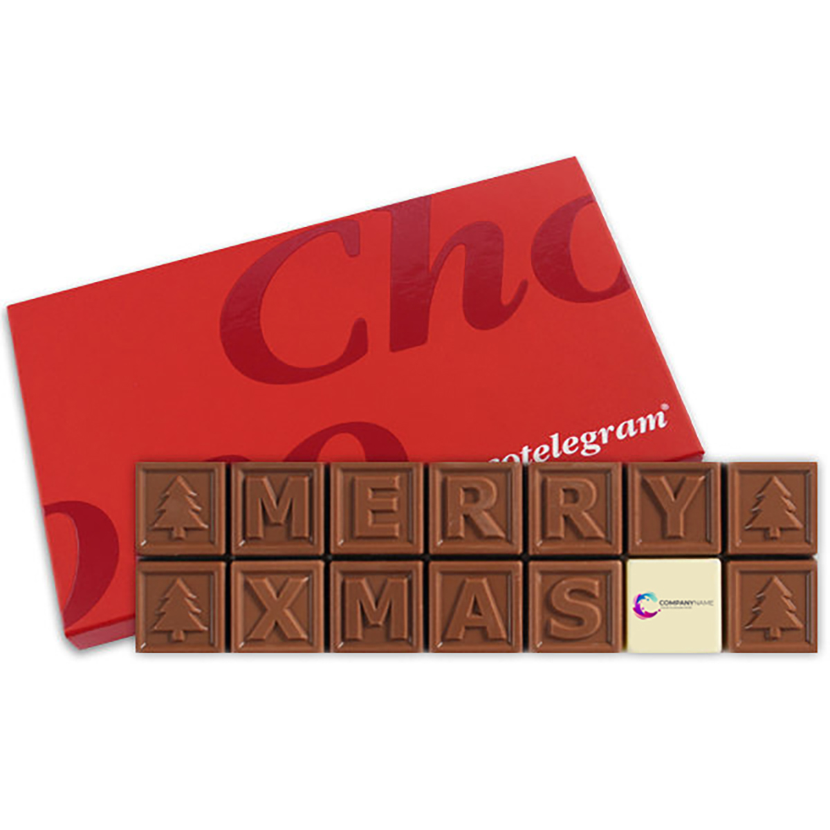 Chocotelegram 14 - Merry Xmas + logo (140 gram) bedrukken met logo