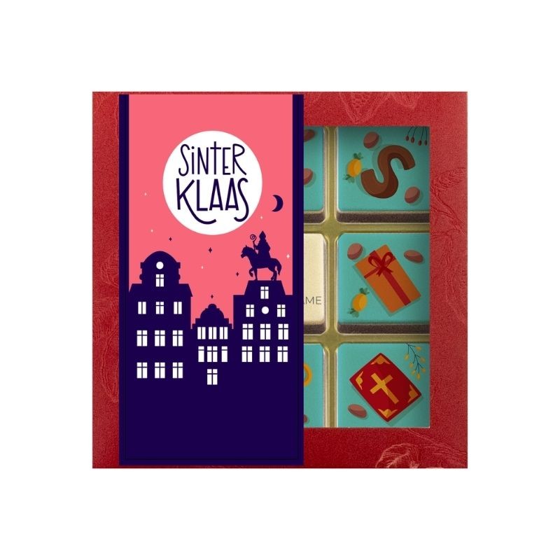 ChocoGiftbox 9 Logoblokjes - Sint Seizoen+ logo (99 gram)
 bedrukken met logo