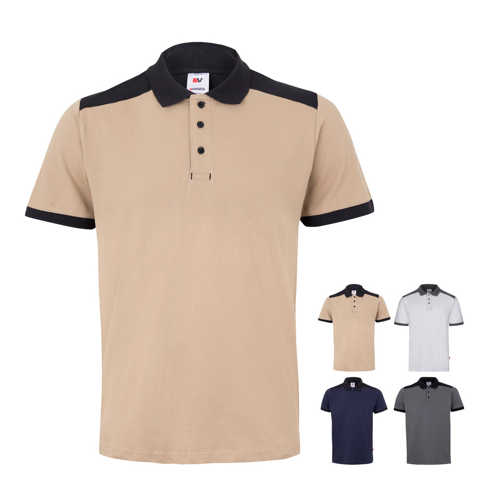 VL VELES. Tweekleurige stretch piqué polo (200g/m²) met korte mouwen, van polyester (96%) en elastaan (4%) bedrukken met logo