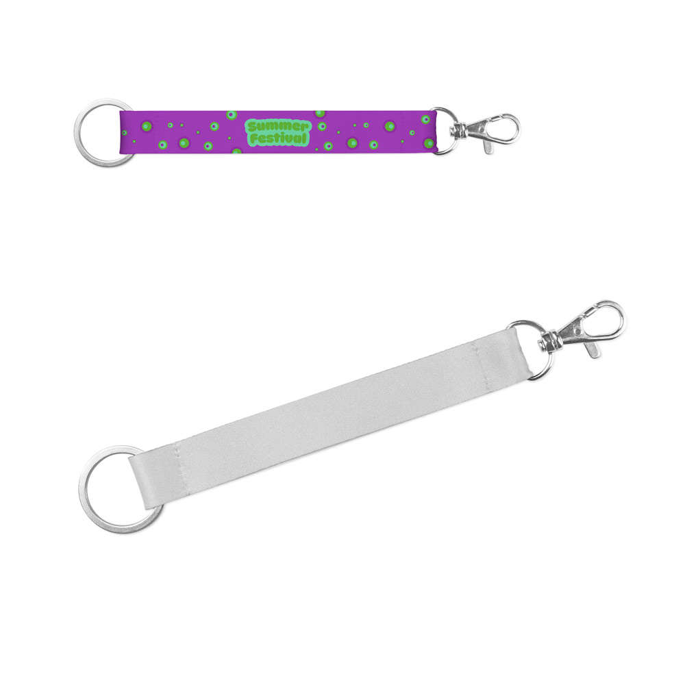 CRAWLEY. Korte polyester lanyard voor sublimatiedruk met standaard ring en karabijnhaak bedrukken met logo