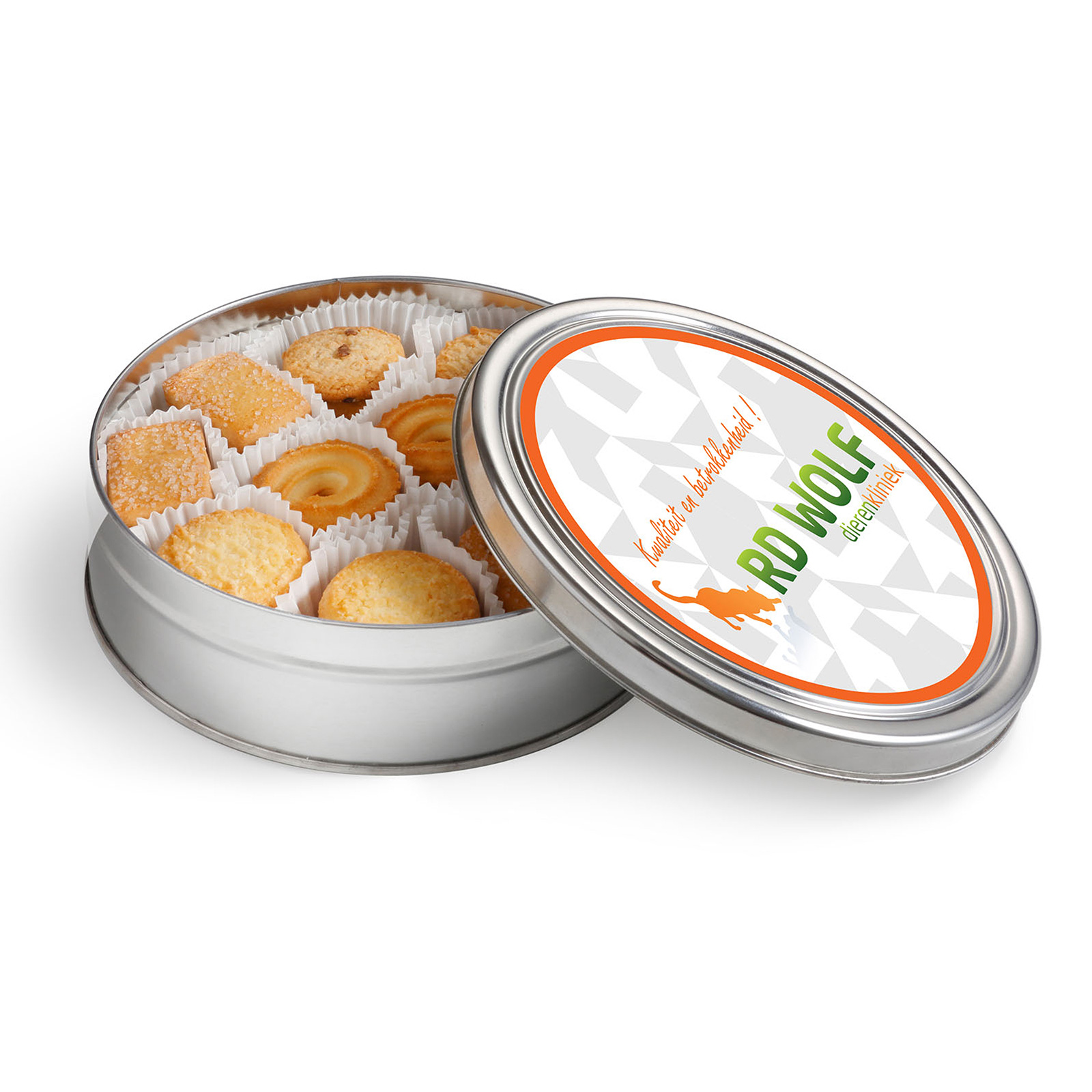 Blik met diverse koekjes bedrukken met logo