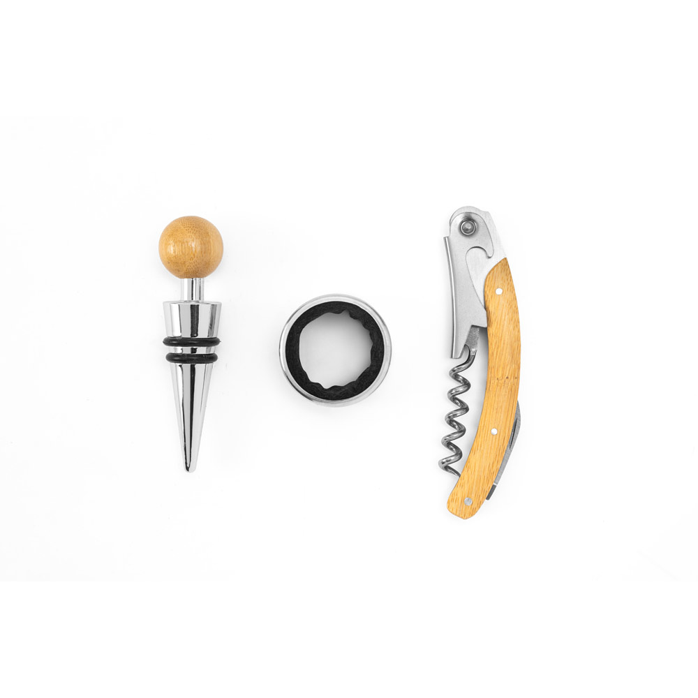 SAVORY. Wijnset van bamboe en roestvrij staal bedrukken met logo