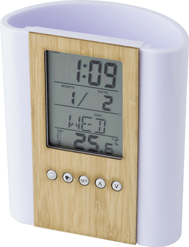 Bamboe pennenhouder met klok Falcon bedrukken met logo