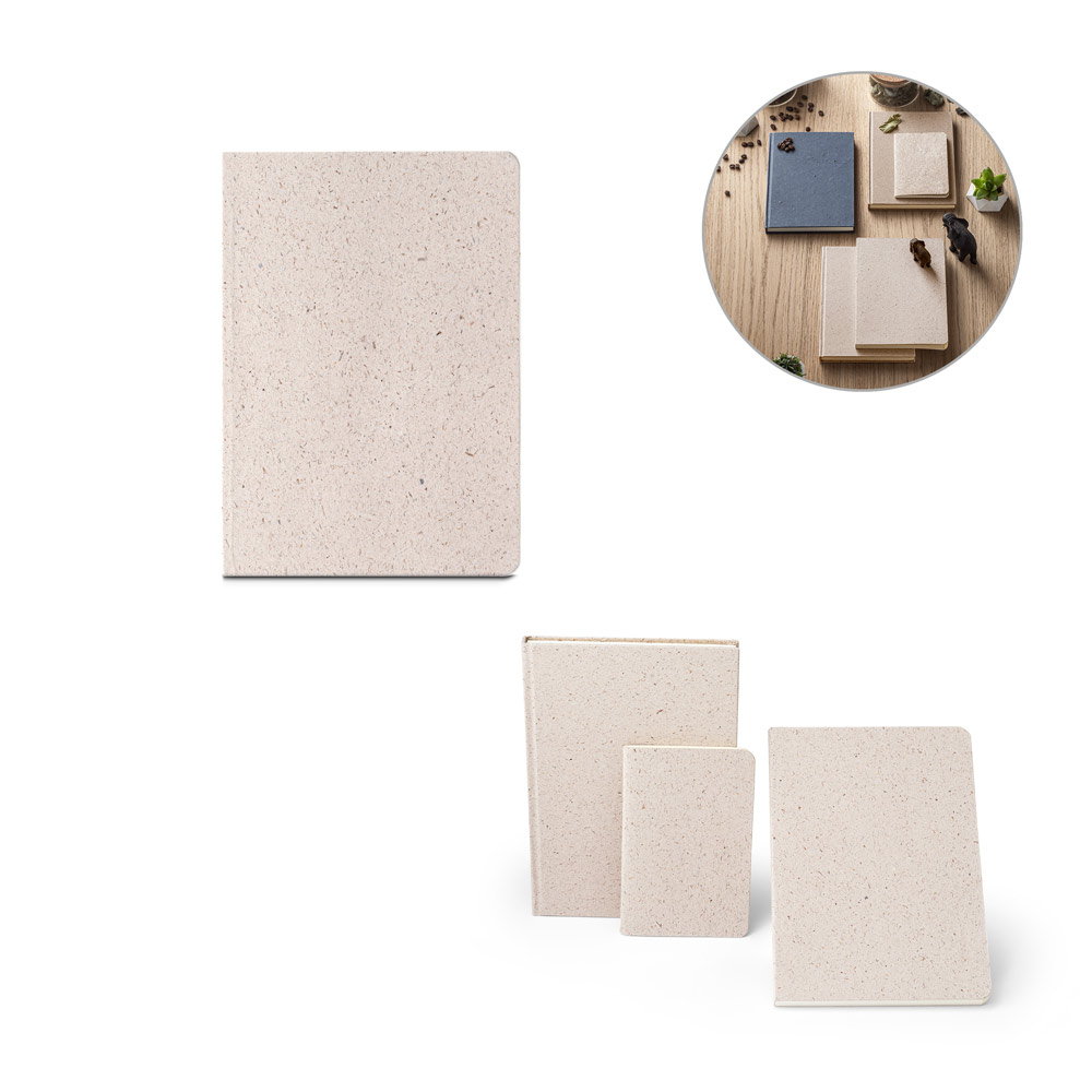 ORGANIC SEMI-RIGID. A5-notitieblok met halfstijve kaft gemaakt van organisch olifantenmateriaal (95%) bedrukken met logo