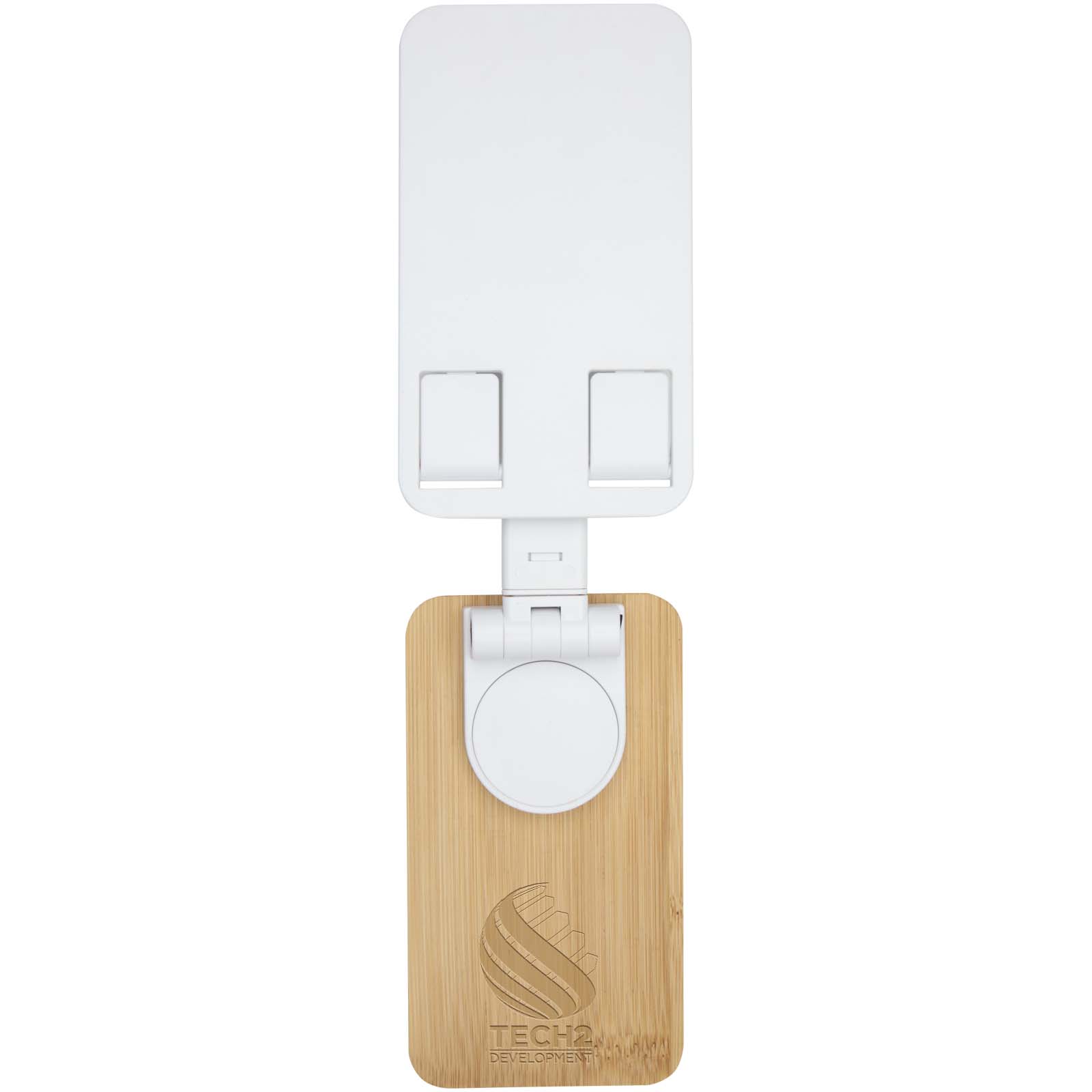 Alfirk opvouwbare bureautelefoonstandaard van gerecycled plastic met bamboedetails bedrukken met logo