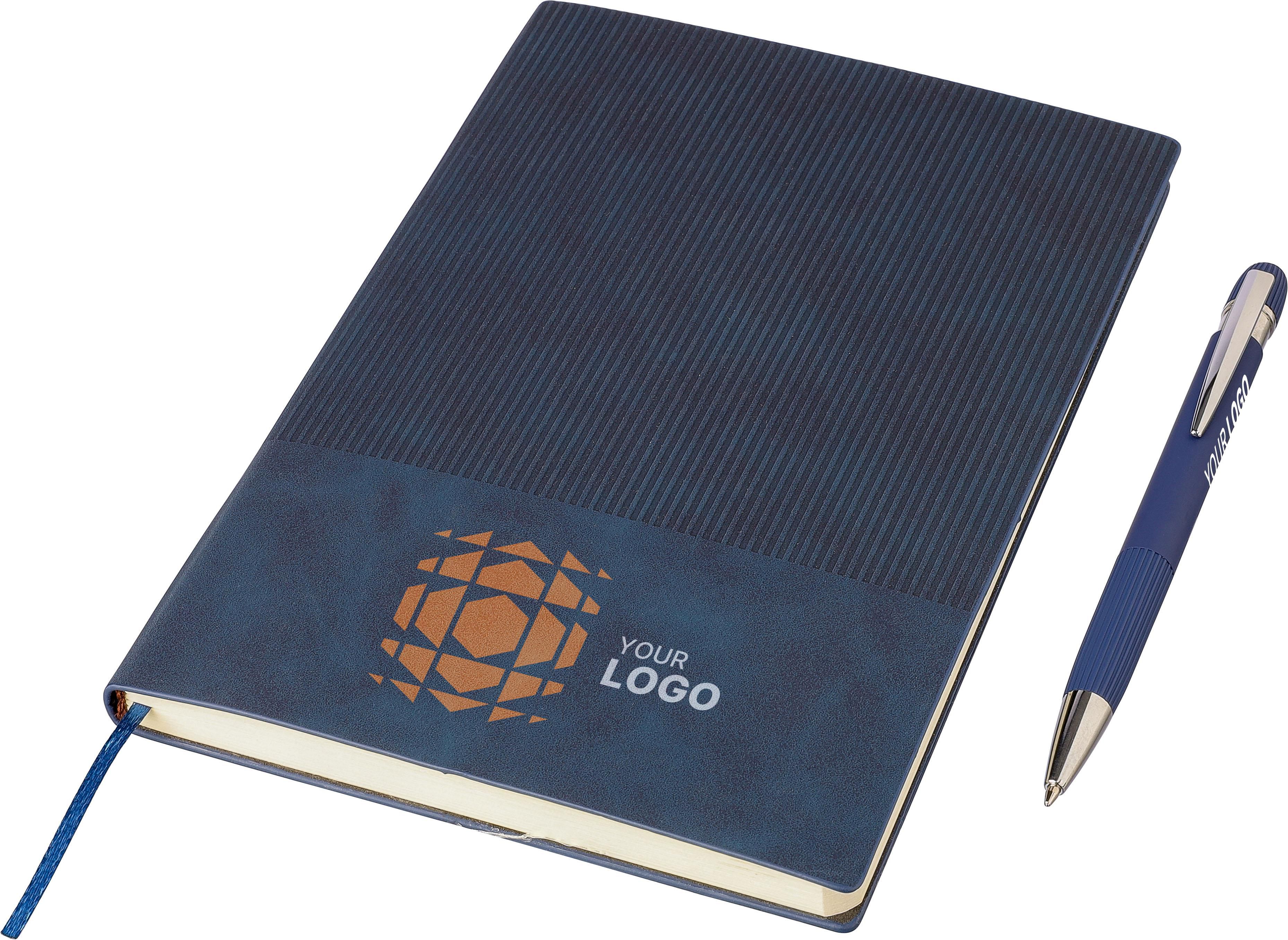 Gerecycled PU-notitieboek (A5) en balpenset Tarek bedrukken met logo