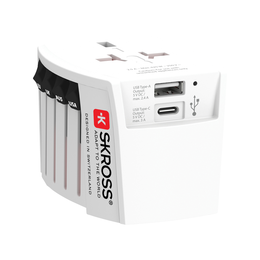 SKROSS MUV 2-polige wereldreisadapter met USB A en C bedrukken met logo