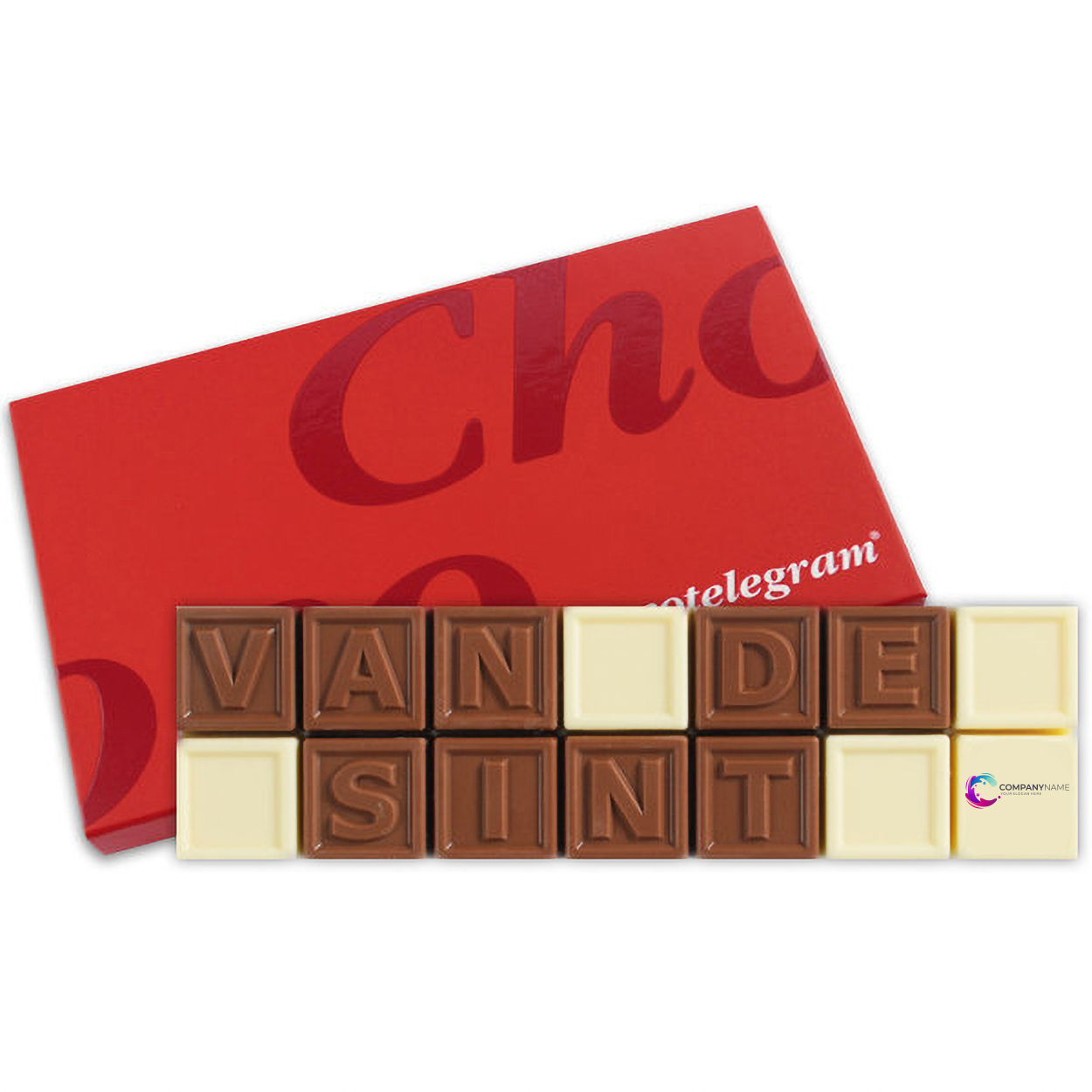 Chocotelegram® 14 Van de Sint + logo (140 gram) bedrukken met logo