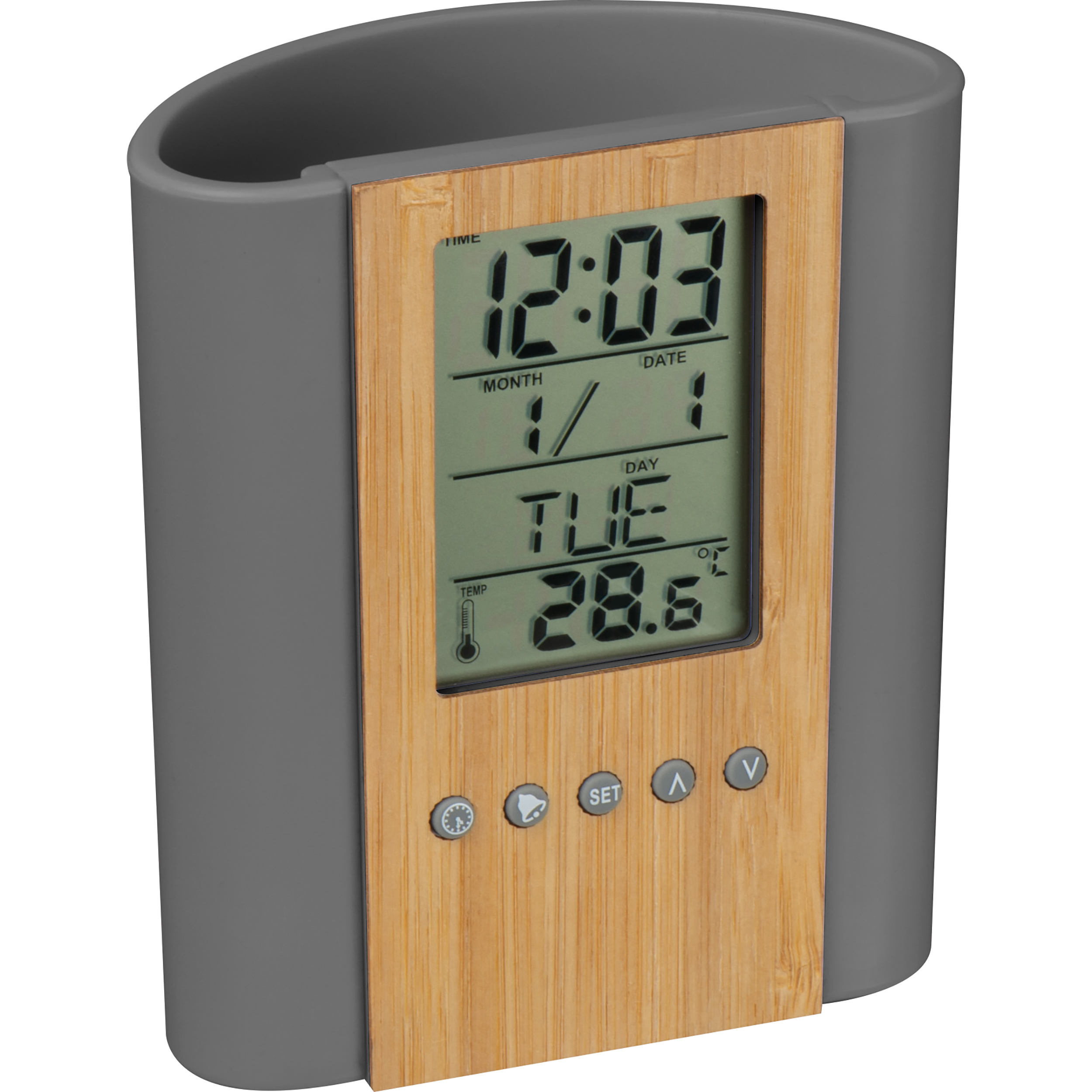 Even Pennenhouder met klok, thermometer van bamboe en ABS bedrukken met logo
