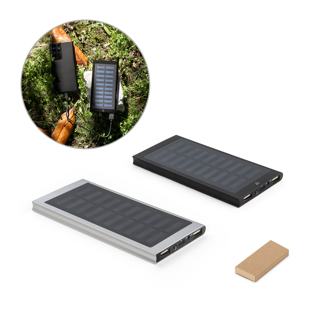 CLERK. 8'000 mAh powerbank met zonnepaneel van 100% gerecycled aluminium bedrukken met logo