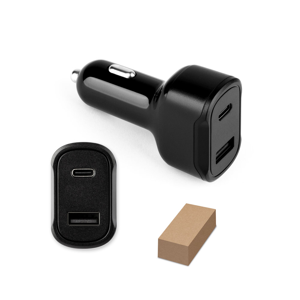 DIRAC. Sigarettenaansteker adapter met USB-A poort 18W en USB-C 20W in 100% rABS bedrukken met logo