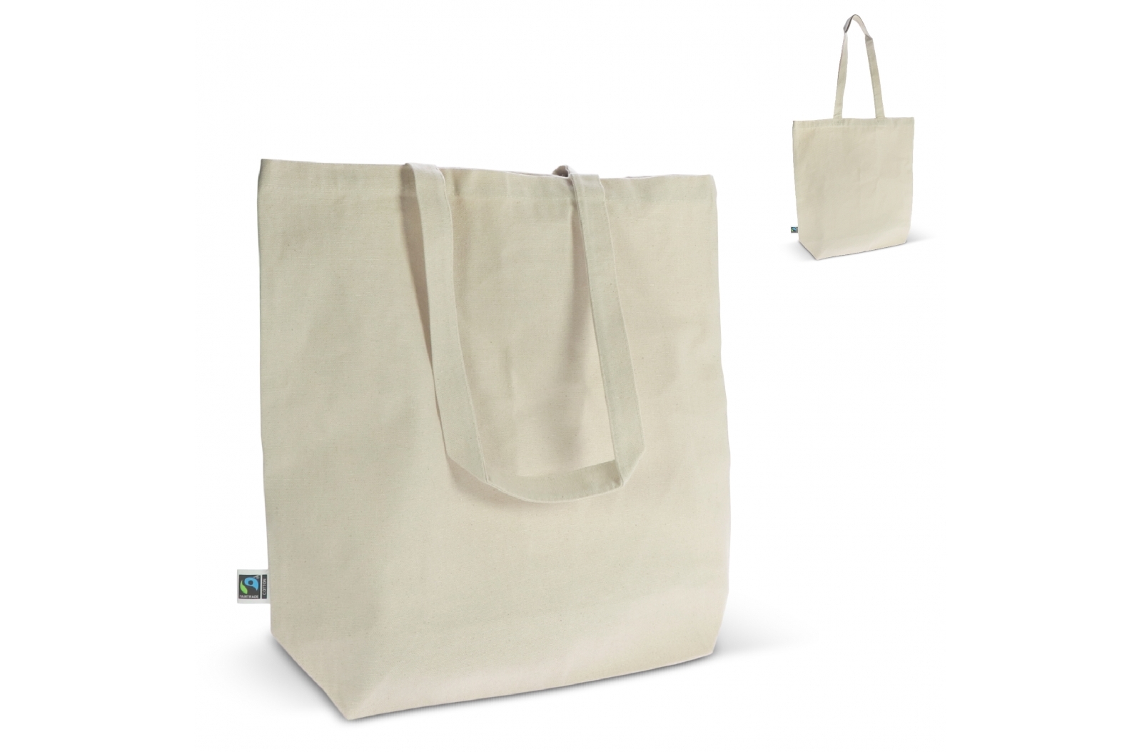 Fairtrade katoenen tas ecru lang 270g/m² (42x12x43 cm) bedrukken met logo