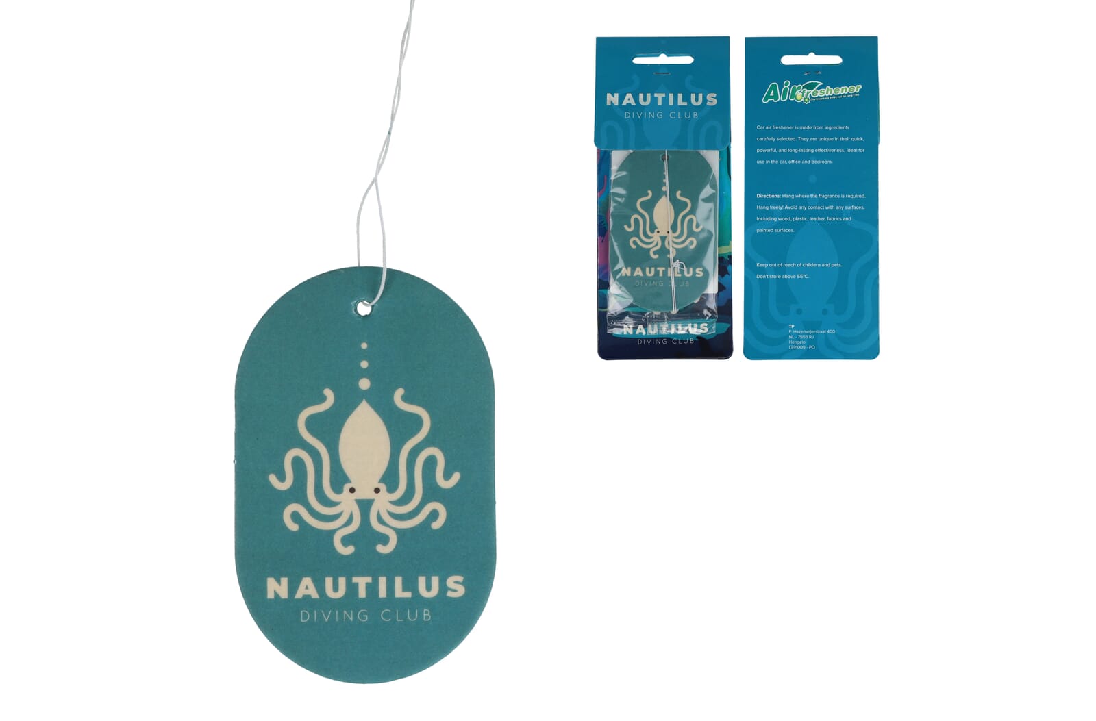 Auto luchtverfrisser ovaal met frisse oceaangeur bedrukken met logo