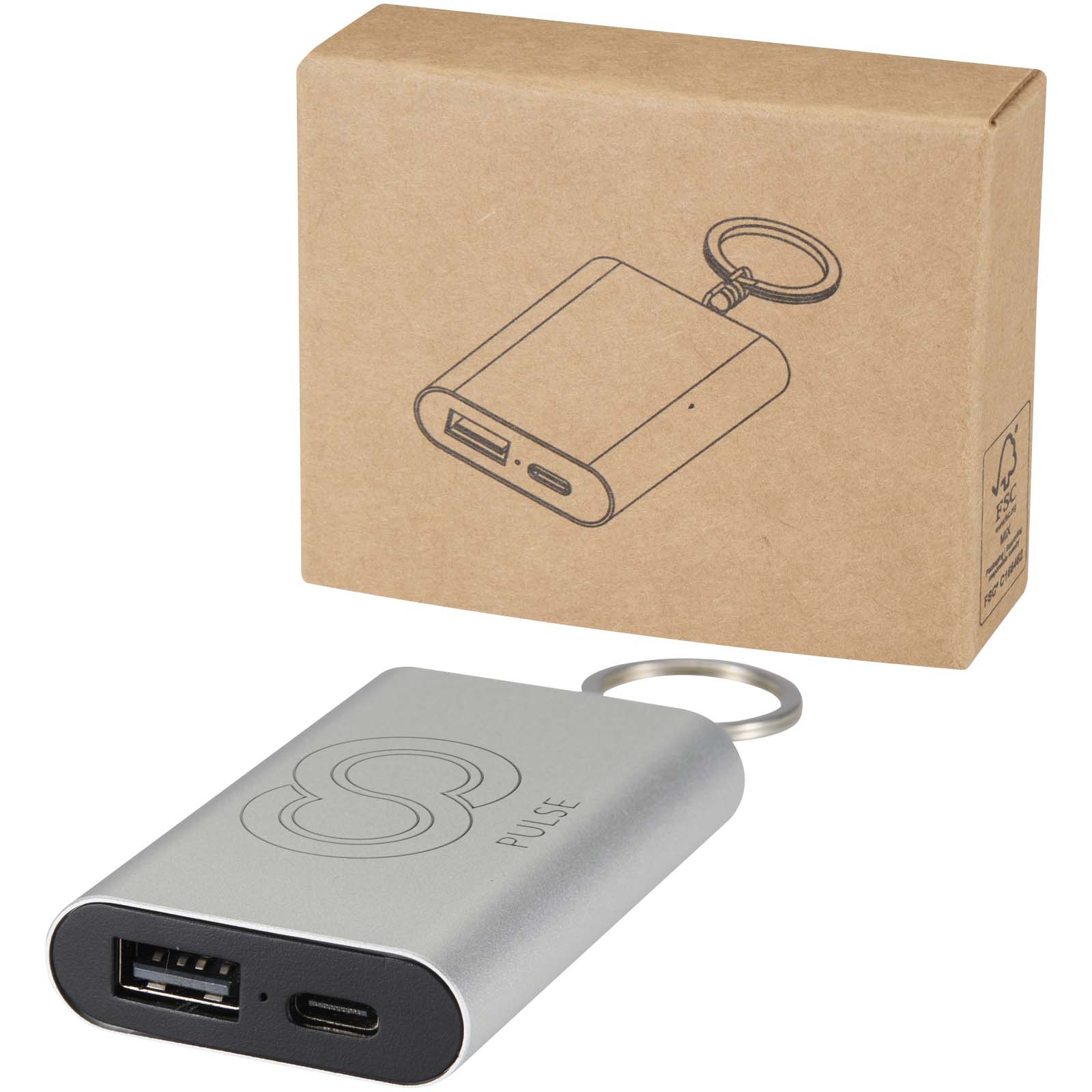 Arcturus powerbank van 2000 mAh van gerecycled aluminium met sleutelhanger bedrukken met logo