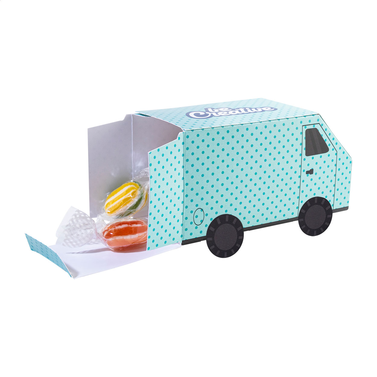 CreaCandy Truck custon made snoep dispenser bedrukken met logo