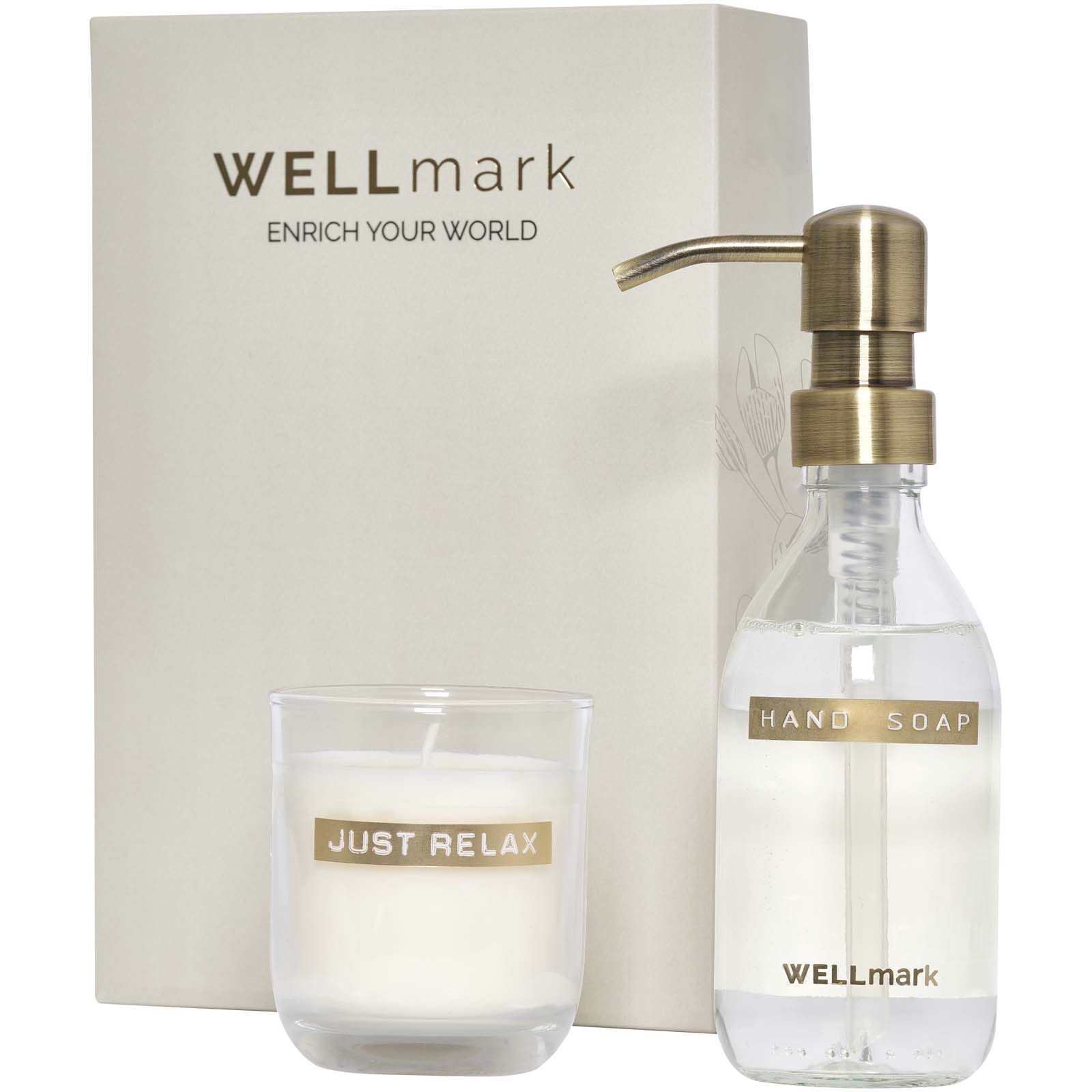 Wellmark Discovery set van 250 ml handzeepdispenser en 150 g geurkaars bedrukken met logo