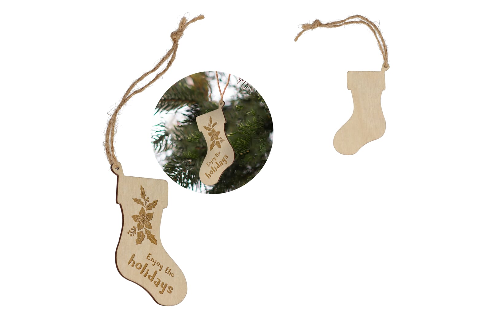 Houten kerstornament kerstsok bedrukken met logo