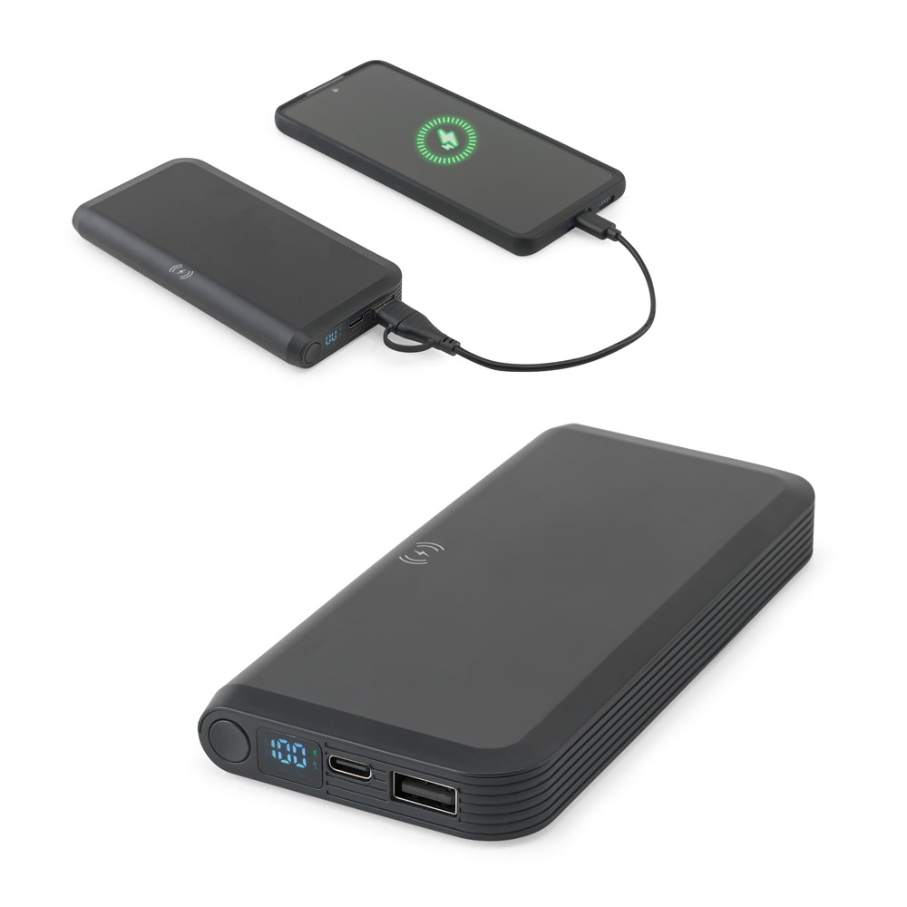 BECKER 10. 10'000 mAh powerbank van gerecycled ABS (100% rABS) met 15W supersnelle draadloze oplader bedrukken met logo