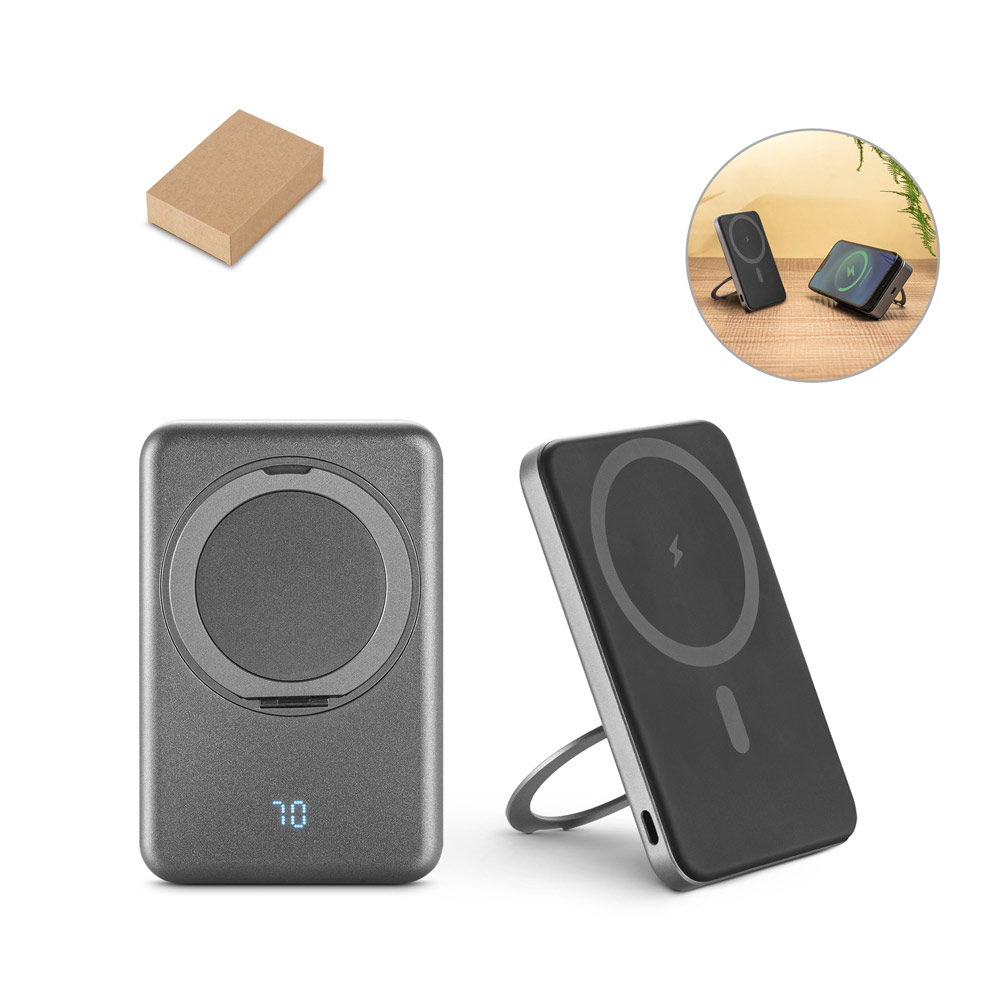 WARSHEL 5. 5'000 mAh magnetische powerbank met 15W supersnelle draadloze oplader in gerecycled ABS (100% rABS) met standvoet bedrukken met logo