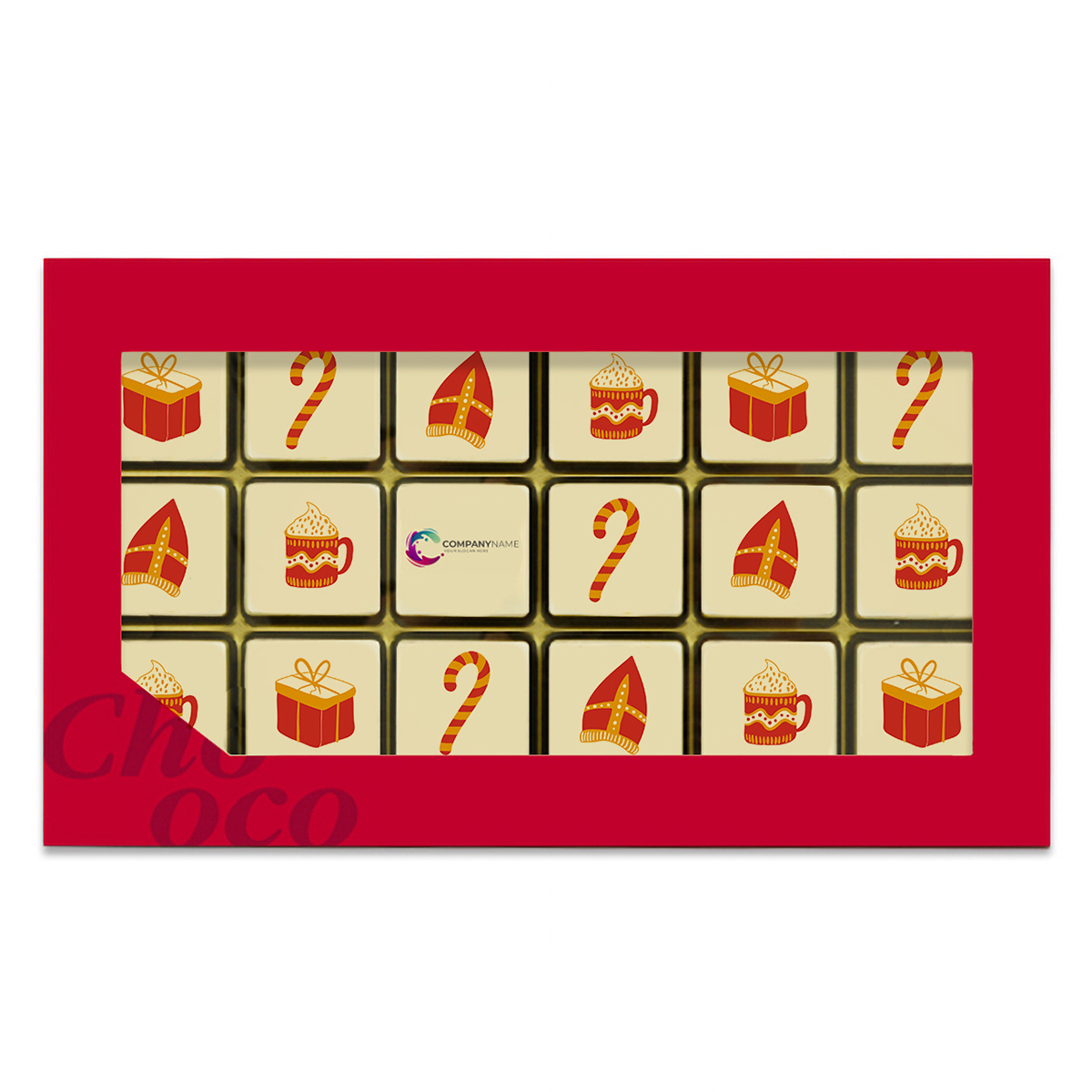 ChocoGiftbox 18  Sinterklaas Seizoen + logo (132 gram) bedrukken met logo