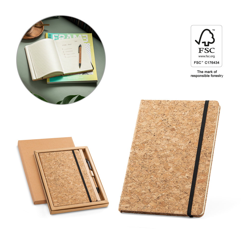 FREUD. A5 notitieblok en balpen in kurk bedrukken met logo