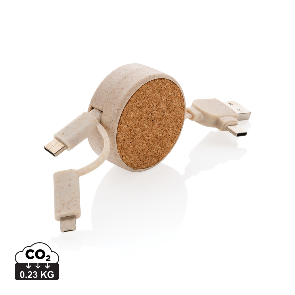 Cork and Wheat 6-in-1 retractable cable, brown bedrukken met logo