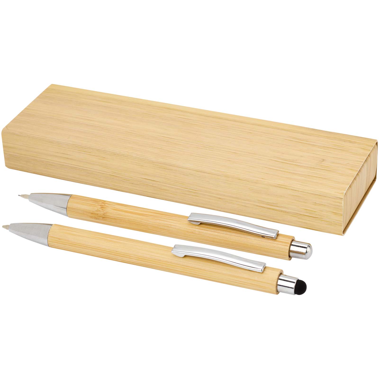 Oblys set met balpen en vulpotlood van bamboe (zwarte inkt) bedrukken met logo