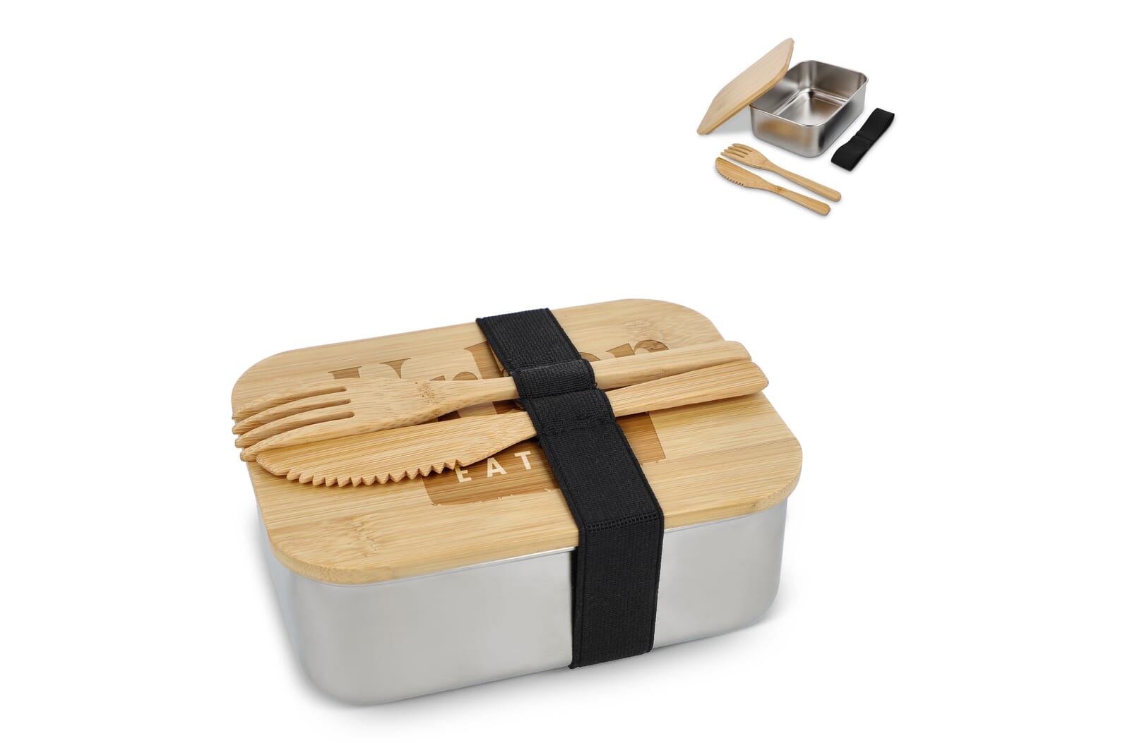 Roestvrij stalen lunchbox met bamboo deksel bedrukken met logo